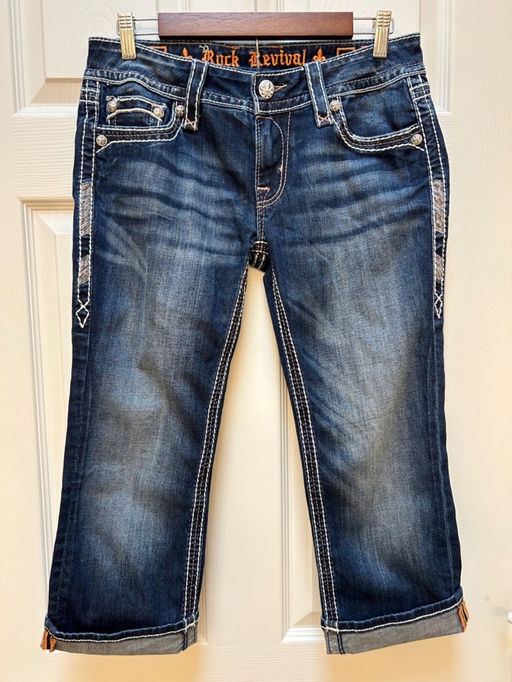 Rock Revival Celine Dark Blue Washed Denim Cropped Jeans Size 29